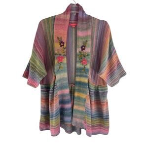 April Cornell Size 3X Multi Colored Knit Open Cardigan Sweater Floral Embroidery